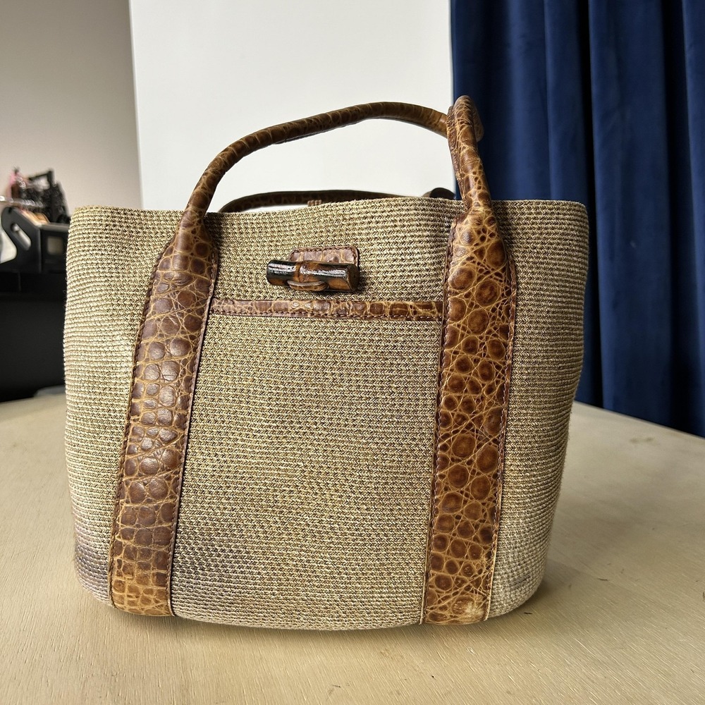 Eric Javits Tote Bag Womens Medium Beige Straw Leather Toggle Croc Trim Shoulder